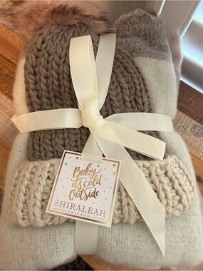 Shiraleah Knit Beanie & Throw Set - Cream & Taupe